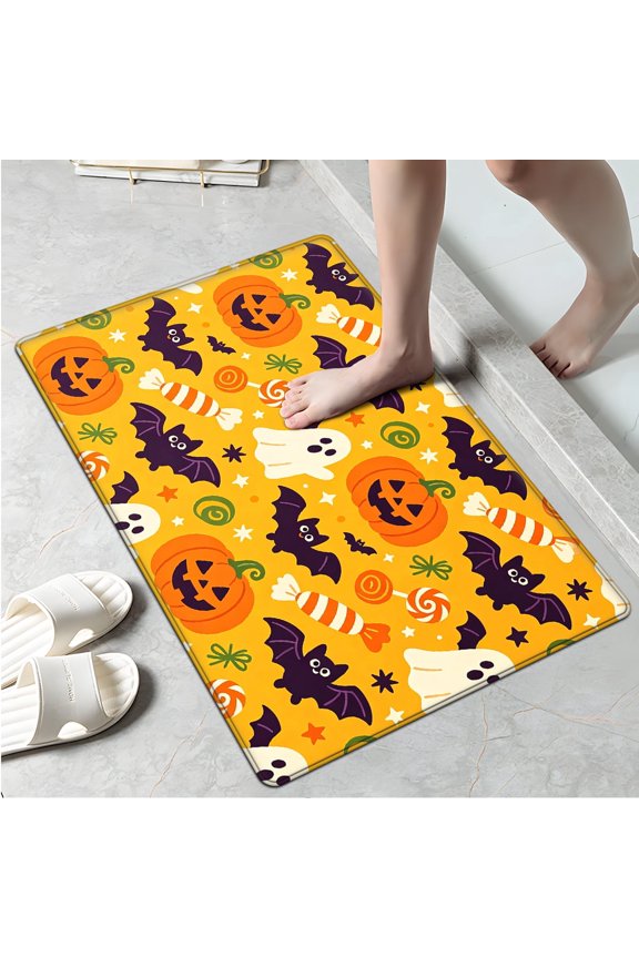 Halloween Pumpkin Bat Candy 1Pc Flannel Mat and Kitchen Rugs,Soft Non-slip,Perfect for Home Bathroom