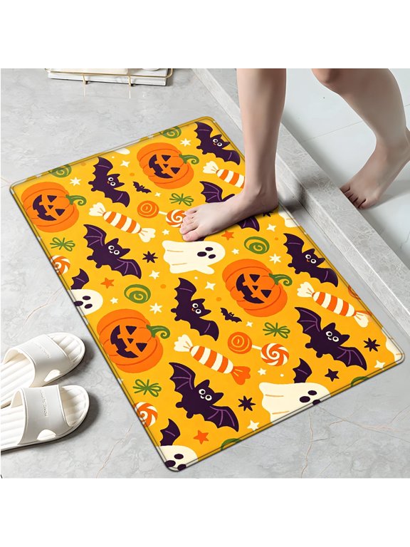 Halloween Pumpkin Bat Candy 1Pc Flannel Mat and Kitchen Rugs,Soft Non-slip,Perfect for Home Bathroom