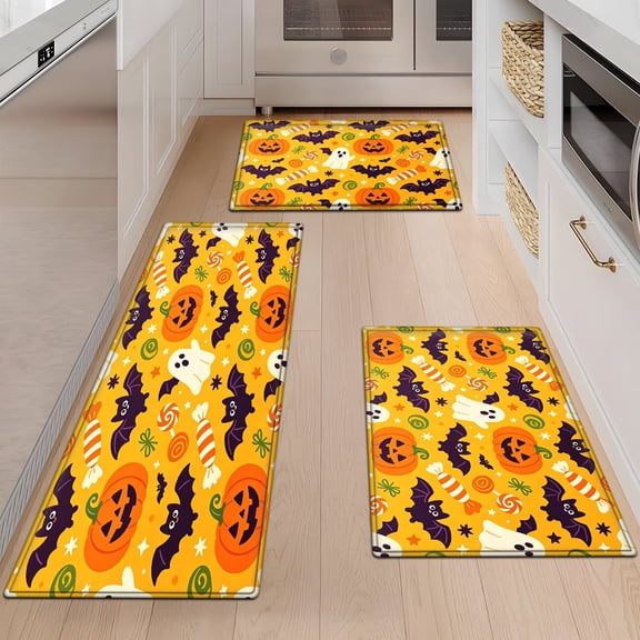 CCTFS Halloween Pumpkin Bat Candy 3Pcs Flannel Mat & Kitchen Rugs Set,Soft Non-slip,16''×24'' 20''×30'' 17''×47'' Inches,for Entryway Bathroom