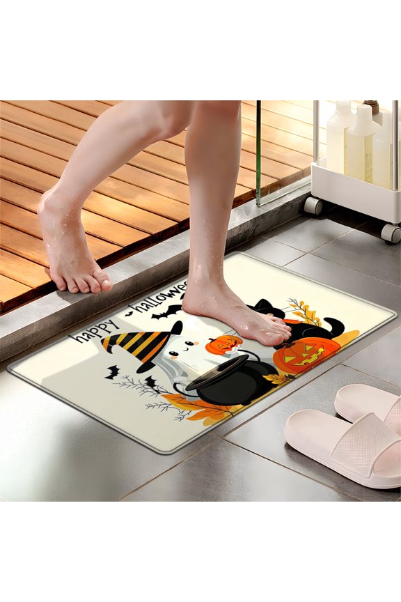 Halloween Pumpkin Ghost Cat Soft Touch 1Pc Flannel Mat & Kitchen Rugs,Non-slip for Home Decoration Bathroom Entry