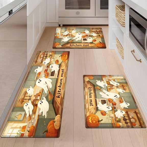CCTFS Halloween Pumpkin Lantern 3Pcs Flannel Mat & Kitchen Rugs Set,Soft Non-slip,16''×24'' 20''×30'' 17''×47'' Inches,for Entryway Bathroom