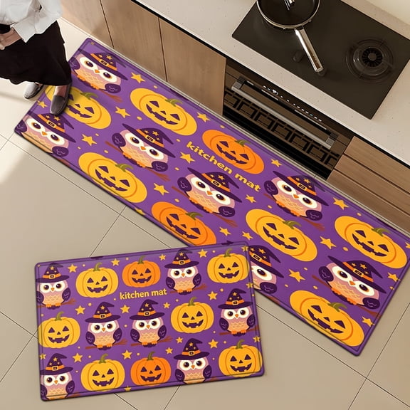 CCTFS Halloween Pumpkin Owl Flannel Floor Mat & Kitchen Rugs 2-Piece Set,Soft Non-slip for Bathroom Entryway Bedroom