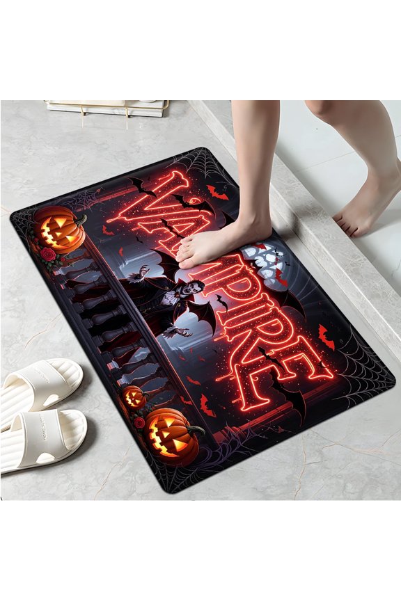 Halloween Red Neon Vampire 1Pc Flannel Mat & Kitchen Rugs,Soft Non-slip,16''×24'' Inches,for Entryway Bathroom