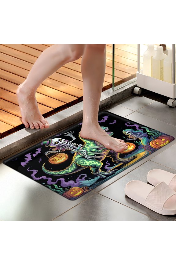 Halloween Skeleton Dinosaur 1Pc Flannel Mat & Kitchen Rugs,Soft Non-slip,16''×24'' Inches,for Entryway Bathroom