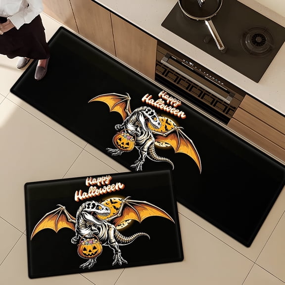 CCTFS Halloween Skeleton Dinosaur Non-slip Soft 2-Piece Flannel Mat and Kitchen Rugs,Suitable for Bedroom Bathroom