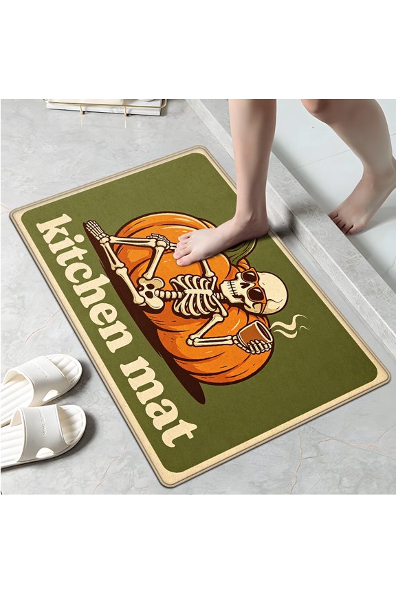 Halloween Skeleton Pumpkin 1Pc Flannel Mat and Kitchen Rugs,Soft Non-slip,Perfect for Home Bathroom