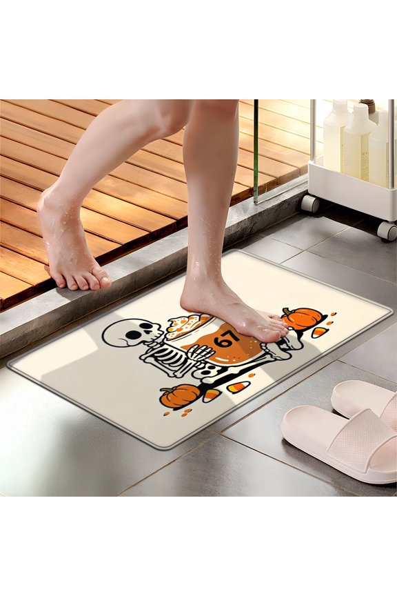 Halloween Skeletons Holding Hot Drinks Household 1Pc Flannel Mat and Kitchen Rugs,Soft Non-slip for Bedroom Entryway