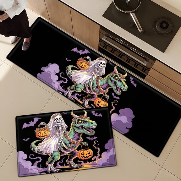 CCTFS Halloween Skull Bride Dinosaur Jack-o '-lantern Purple Smoke 2Pcs Home Flannel Mat & Kitchen Rugs,Soft Non-slip for Bathroom Entryway