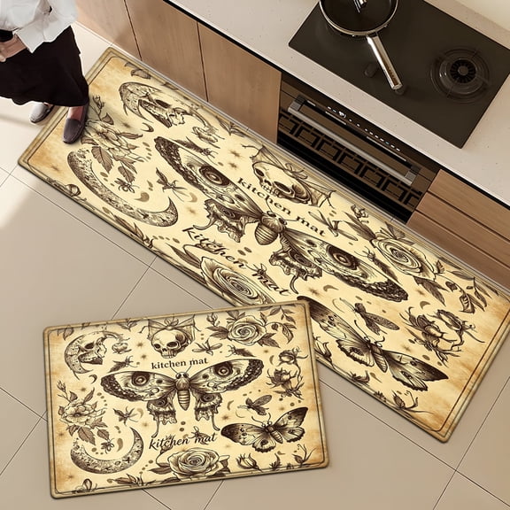 CCTFS Halloween Skull Butterfly 2Pcs Home Flannel Mat & Kitchen Rugs,Soft Non-slip for Bathroom Entryway