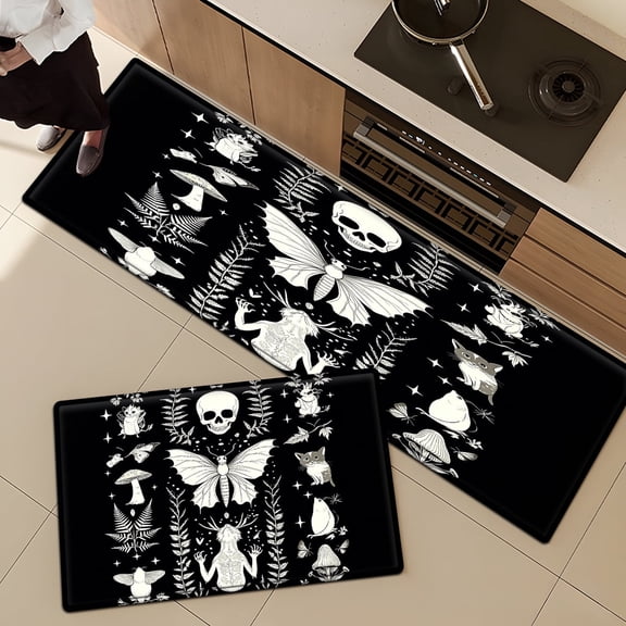 CCTFS Halloween Skull Butterfly 2Pcs Versatile Flannel Mat & Kitchen Rugs,Soft Non-slip for Bathroom Entryway