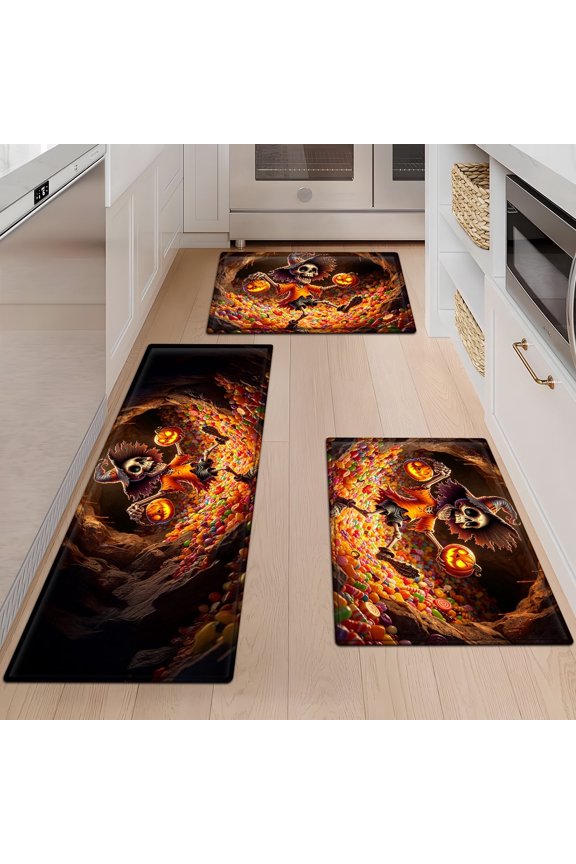Halloween Skull Jack-o '-lantern Candy 3Pcs Flannel Mat & Kitchen Rugs Set,Soft Non-slip,16''×24'' 20''×30'' 17''×47'' Inches,for Entryway Bathroom