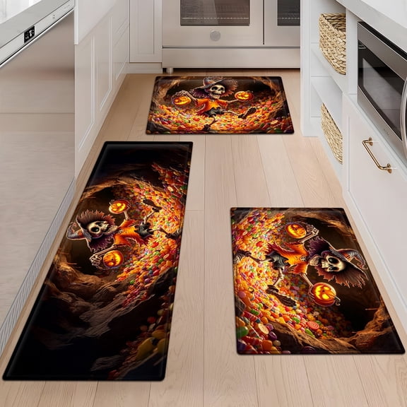 CCTFS Halloween Skull Jack-o '-lantern Candy 3Pcs Flannel Mat & Kitchen Rugs Set,Soft Non-slip,16''×24'' 20''×30'' 17''×47'' Inches,for Entryway Bathroom