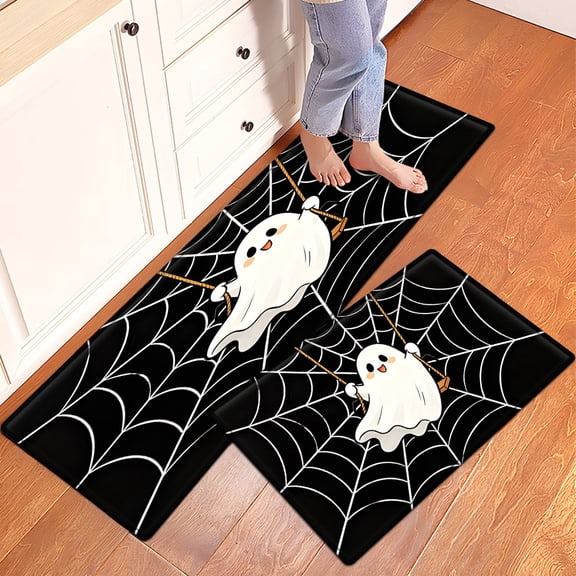 CCTFS Halloween White Ghost Flannel Floor Mat & Kitchen Rugs 2-Piece Set,Soft Non-slip for Bathroom Entryway Bedroom