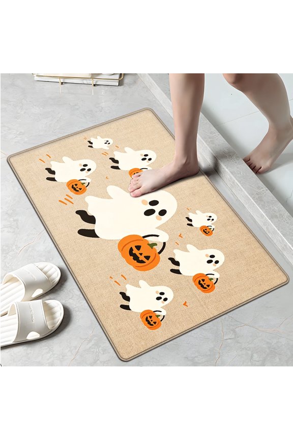 Halloween White Ghost Household 1Pc Flannel Mat and Kitchen Rugs,Soft Non-slip for Bedroom Entryway