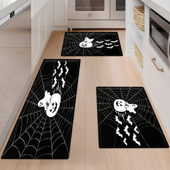 CCTFS Halloween White Pumpkin Lantern 3Pcs Flannel Mat & Kitchen Rugs Set,16''×24'' 20''×30'' 17''×47'' Inches,Soft Non-slip for Home Bathroom