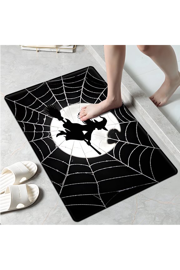 Halloween Witch Flying Over the Full Moon 1Pc Flannel Mat & Kitchen Rugs,Soft Non-slip,16''×24'' Inches,for Entryway Bathroom