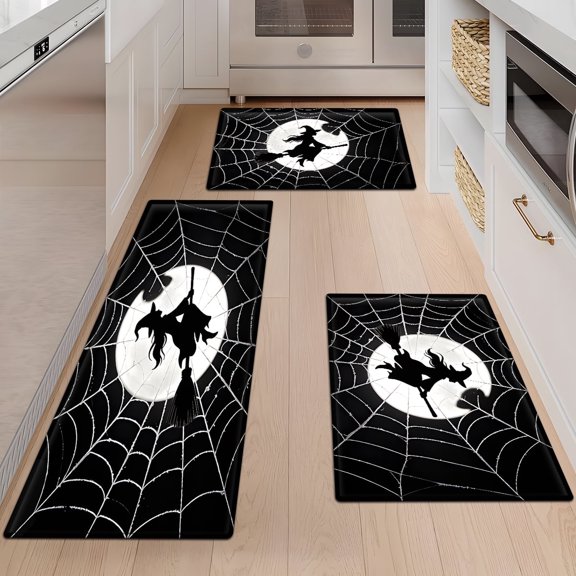 CCTFS Halloween Witch Flying Over the Full Moon 3Pcs Flannel Mat and Kitchen Rugs Set,Soft Non-slip,Perfect for Home Bathroom