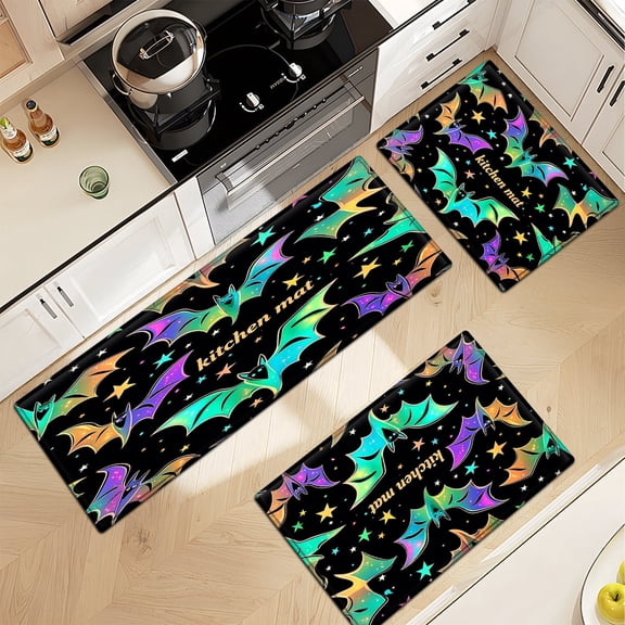 CCTFS Halloween, bats, starry sky Multi-purpose 3-Piece Flannel Mat and Kitchen Rugs,Soft Non-slip for Home Bedroom Bathroom