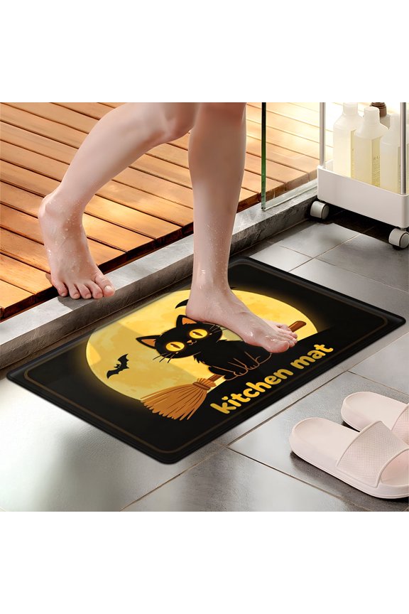 Halloween black cat 1Pc Flannel Mat and Kitchen Rugs,Soft Non-slip,Perfect for Home Bathroom