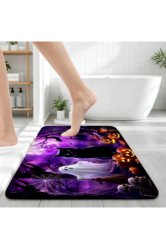 Halloween black cat Home Bathroom Rugs, 16''×24'' Soft and Non-slip for Wash Area