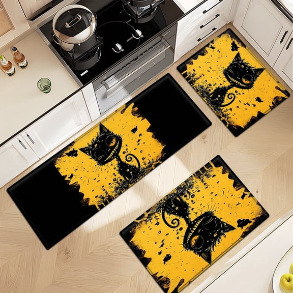 CCTFS Halloween black cat Household 3Pcs Flannel Mat and Kitchen Rugs,Soft Non-slip for Bedroom Entryway