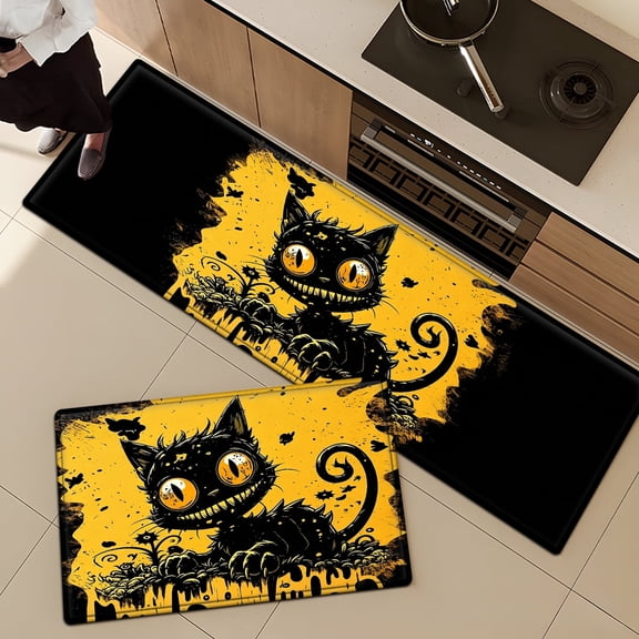 CCTFS Halloween black cat Non-slip Soft 2-Piece Flannel Mat and Kitchen Rugs,Suitable for Bedroom Bathroom