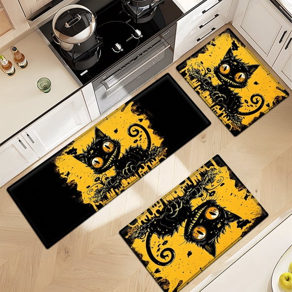 CCTFS Halloween black cat Soft Touch 3Pcs Flannel Mat & Kitchen Rugs,Non-slip for Home Decoration Bathroom Entry
