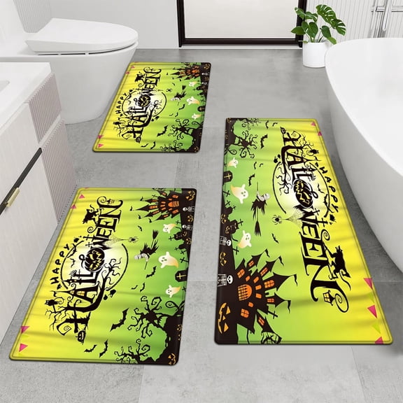CCTFS Halloween black jack-o '-lantern 3Pcs Everyday Flannel Mat & Bath Rugs,16''×24'' 20''×30'' 17''×47'' Soft Non-slip for Bathroom Kitchen