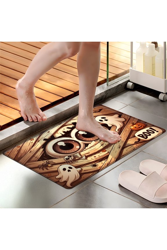 Halloween brown-hued big-eyed ghost jack-o '-lantern spider 1Pc Flannel Mat & Kitchen Rugs,Soft Non-slip,16''×24'' Inches,for Entryway Bathroom