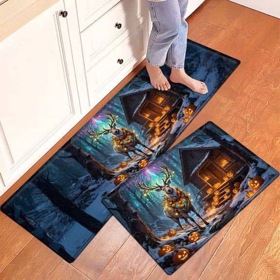 CCTFS Halloween deer Non-slip Soft 2-Piece Flannel Mat and Kitchen Rugs,Suitable for Bedroom Bathroom