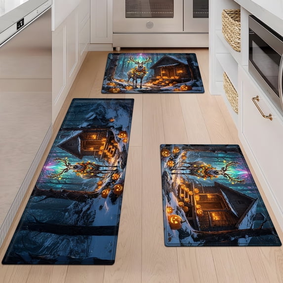 CCTFS Halloween deer Soft Touch 3Pcs Flannel Mat & Kitchen Rugs,Non-slip for Home Decoration Bathroom Entry