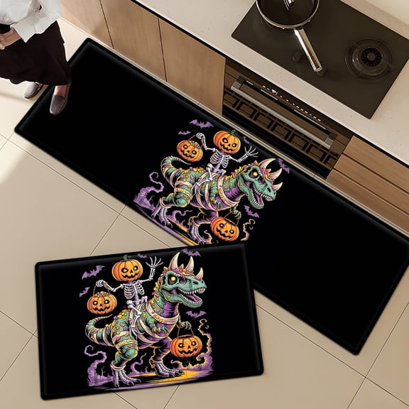 CCTFS Halloween dinosaur jack-o '-lantern Non-slip Soft 2-Piece Flannel Mat and Kitchen Rugs,Suitable for Bedroom Bathroom