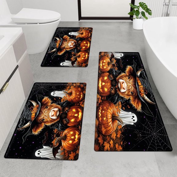 CCTFS Halloween jack-o '-lanterns 3Pcs Flannel Mat & Bath Rugs Set,Soft Non-slip,16''×24'' 20''×30'' 17''×47'' Inches,for Entryway Kitchen