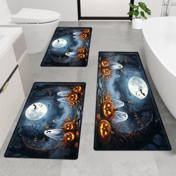 CCTFS Halloween jack-o '-lanterns 3Pcs Flannel Mat & Bath Rugs Set,Soft Non-slip,16''×24'' 20''×30'' 17''×47'' Inches,for Entryway Kitchen
