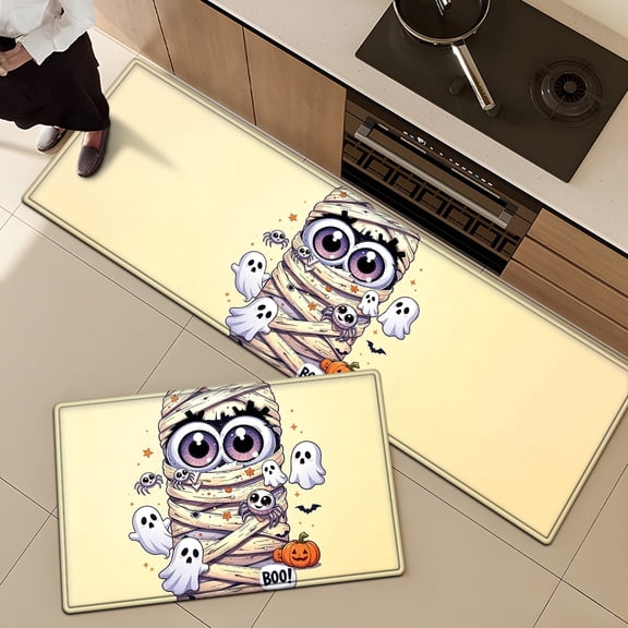 CCTFS Halloween magic mummy 2Pcs Home Flannel Mat & Kitchen Rugs,Soft Non-slip for Bathroom Entryway