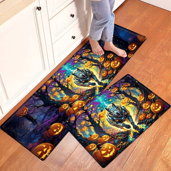 CCTFS Halloween mechanical wolf 2Pcs Versatile Flannel Mat & Kitchen Rugs,Soft Non-slip for Bathroom Entryway