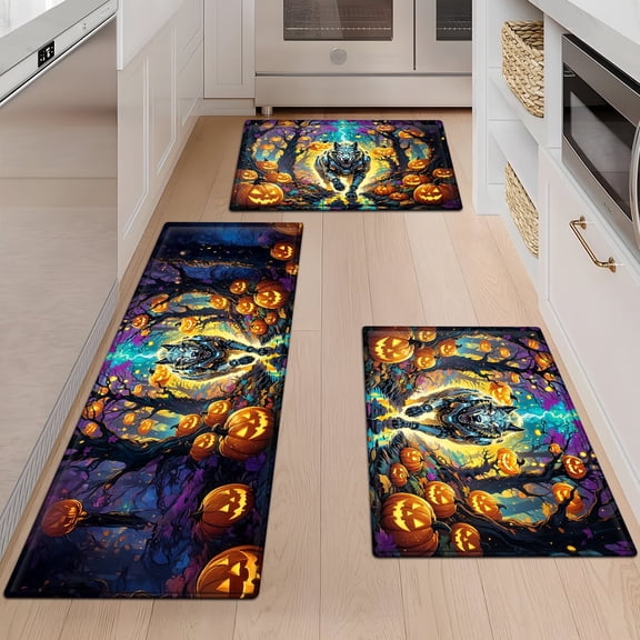CCTFS Halloween mechanical wolf 3Pcs Flannel Mat & Kitchen Rugs Set,16''×24'' 20''×30'' 17''×47'' Inches,Soft Non-slip for Home Bathroom