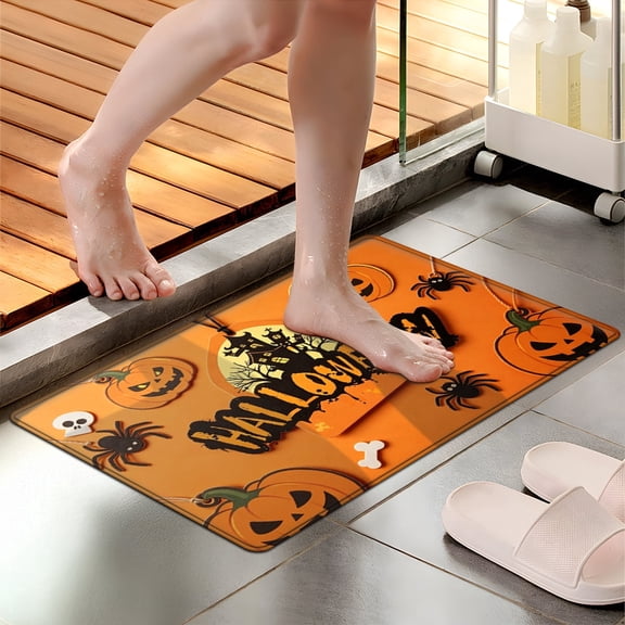 CCTFS Halloween orange and black pumpkin 1Pc Flannel Mat & Kitchen Rugs,Soft Non-slip,16''×24'' Inches,for Entryway Bathroom