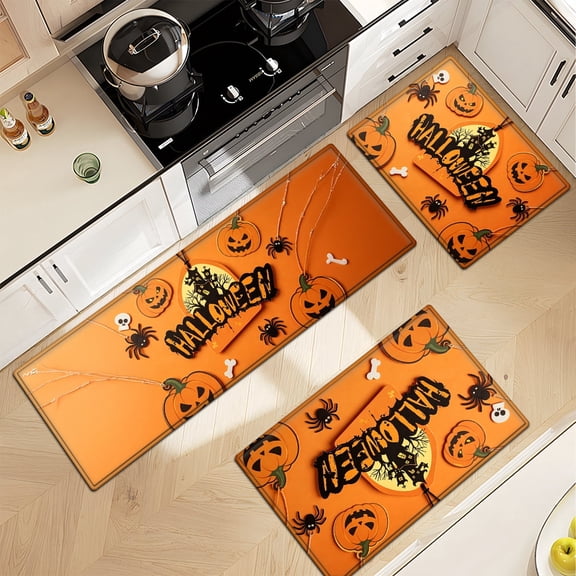 CCTFS Halloween orange and black pumpkin 3Pcs Everyday Flannel Mat & Kitchen Rugs,Soft Non-slip for Bathroom Bedroom