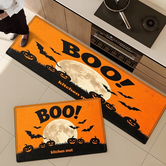 CCTFS Halloween orange moon 2Pcs Home Flannel Mat & Kitchen Rugs,Soft Non-slip for Bathroom Entryway