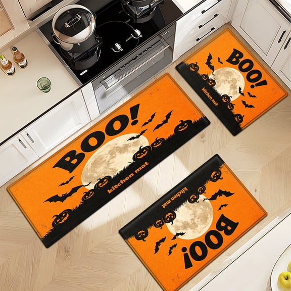 CCTFS Halloween orange moon 3Pcs Everyday Flannel Mat & Kitchen Rugs,Soft Non-slip for Bathroom Bedroom