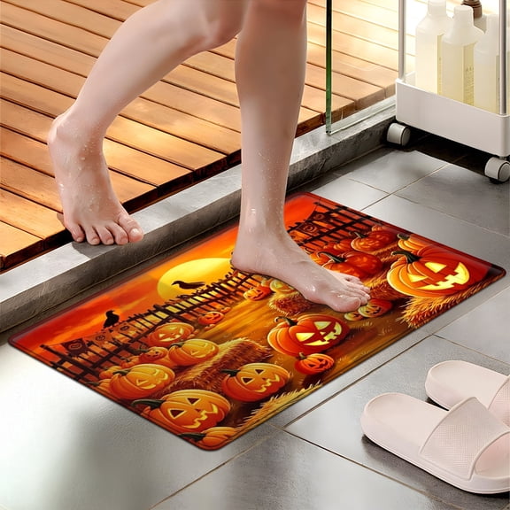 CCTFS Halloween orange pumpkin 1Pc Flannel Mat and Kitchen Rugs,Soft Non-slip,Perfect for Home Bathroom