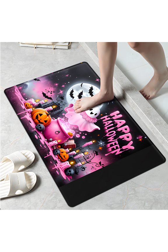Halloween pink ghost Soft Touch 1Pc Flannel Mat & Kitchen Rugs,Non-slip for Home Decoration Bathroom Entry