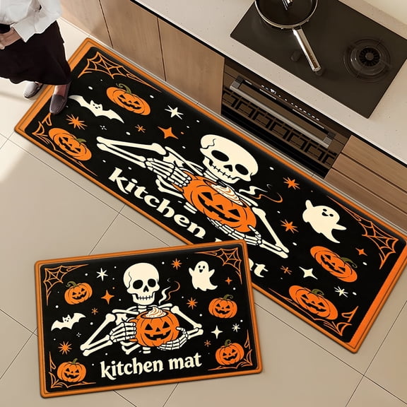 CCTFS Halloween skull jack-o '-lantern Flannel Floor Mat & Kitchen Rugs 2-Piece Set,Soft Non-slip for Bathroom Entryway Bedroom