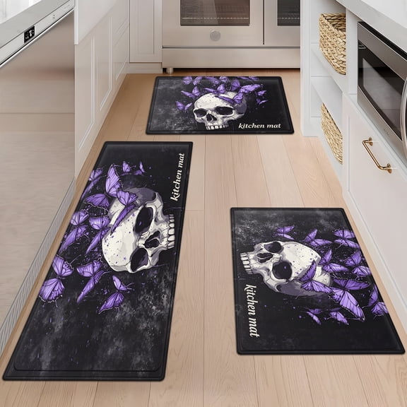 CCTFS Halloween, skull and purple butterfly 3Pcs Flannel Mat & Kitchen Rugs Set,Soft Non-slip,16''×24'' 20''×30'' 17''×47'' Inches,for Entryway Bathroom