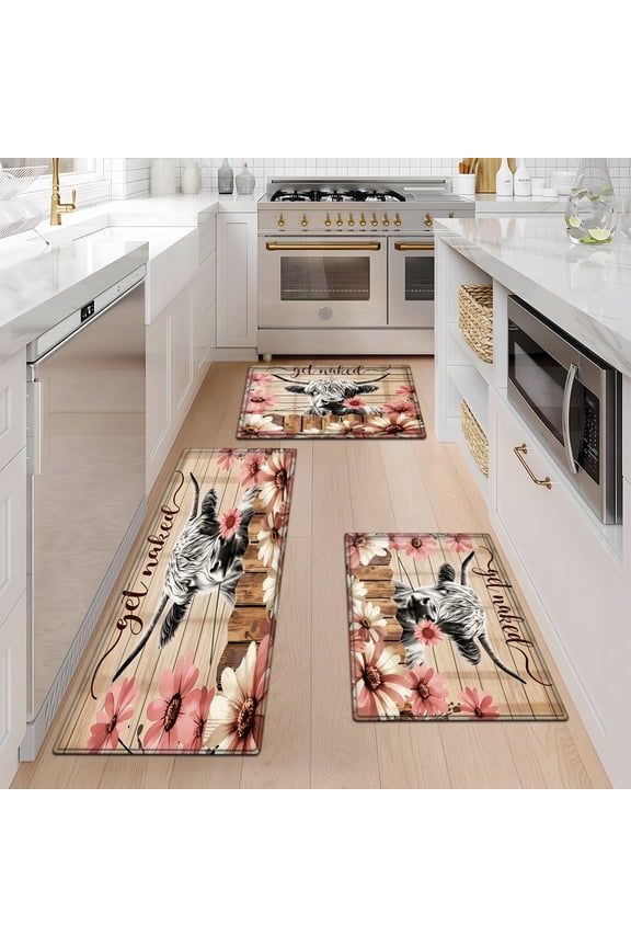 Highland Cows Flower Fence floral rug Multi-purpose 3-Piece Flannel Mat and Kitchen Rugs,Soft Non-slip for Home Bedroom Bathroom