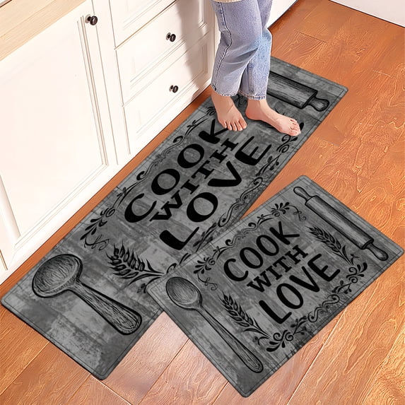 CCTFS Holiday cooking love Fall Kitchen Rugs Set of 2, Xmas Holiday Kitchen Mat Decor Home Decorations, Green Christmas Mats for Kitchen Floor - 16''*24'' and 17''*47'' in