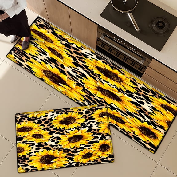 CCTFS Leopard print style sunflower Cozy Soft 2-Piece Flannel Mat and Kitchen Rugs,Non-slip for Bath Entryway