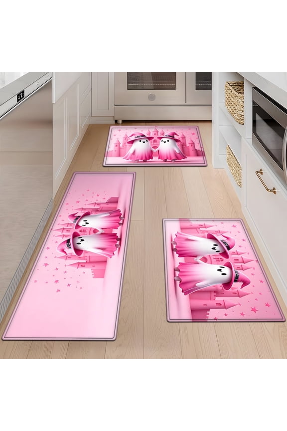 Pink Fairy Tale Castle Ghost 3Pcs Everyday Flannel Mat & Kitchen Rugs,Soft Non-slip for Bathroom Bedroom