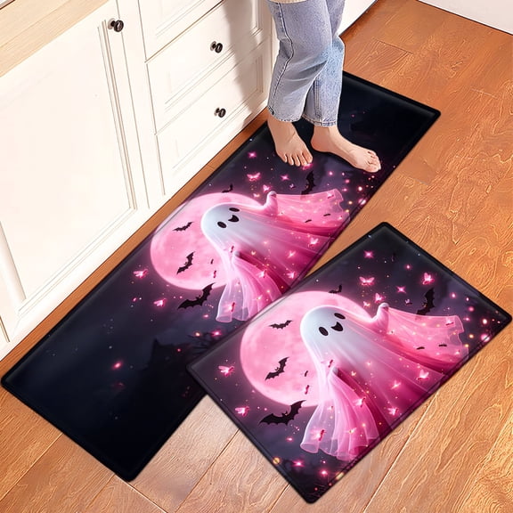 CCTFS Pink Halloween Ghost 2Pcs Versatile Flannel Mat & Kitchen Rugs,Soft Non-slip for Bathroom Entryway